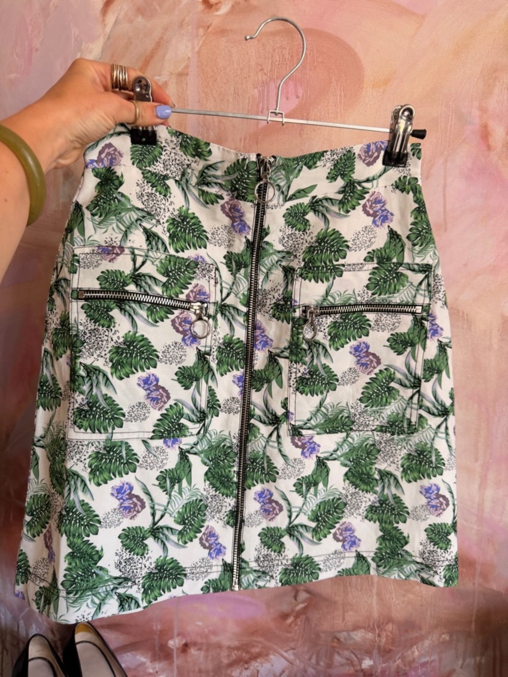 Maje White Mini Skirt with Green Leaf & Purple Floral Print
